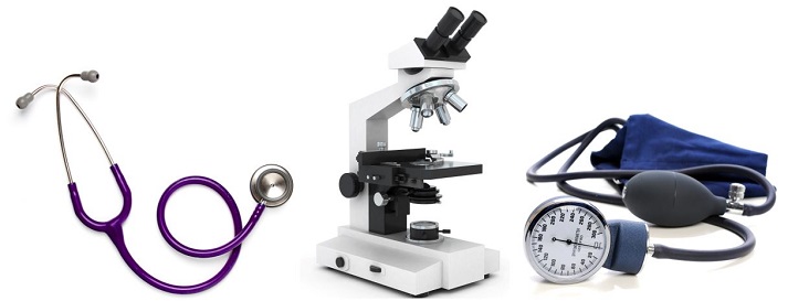 stethoscope, microscope, sphygmomanometer