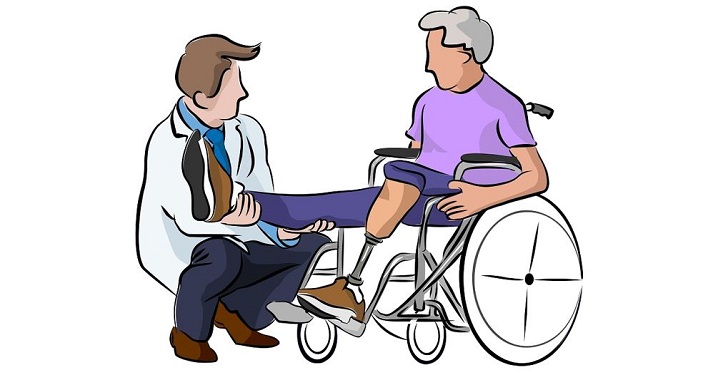 doctor helping man in wheelchair with prosthetic leg