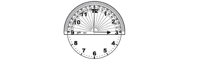 analog clock with a protractor on it