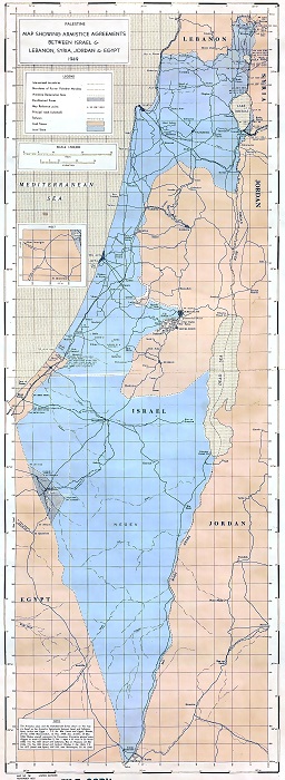 United Nations Palestine map showing Armistice Agreements between Israel & Lebanon, Syria, Jordan & Egypt 1949-1950