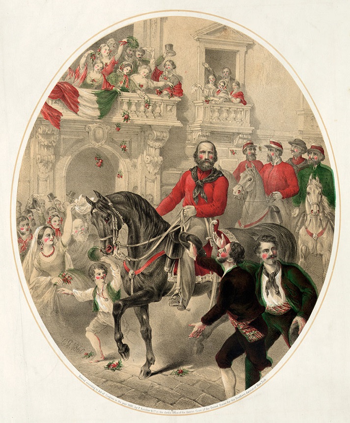 People cheering as Giuseppe Garibaldi rides into Naples on horseback. 