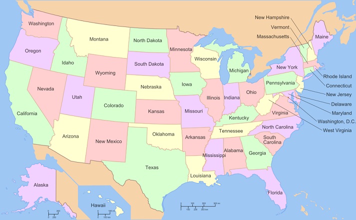 map of the U.S.A with distance scale