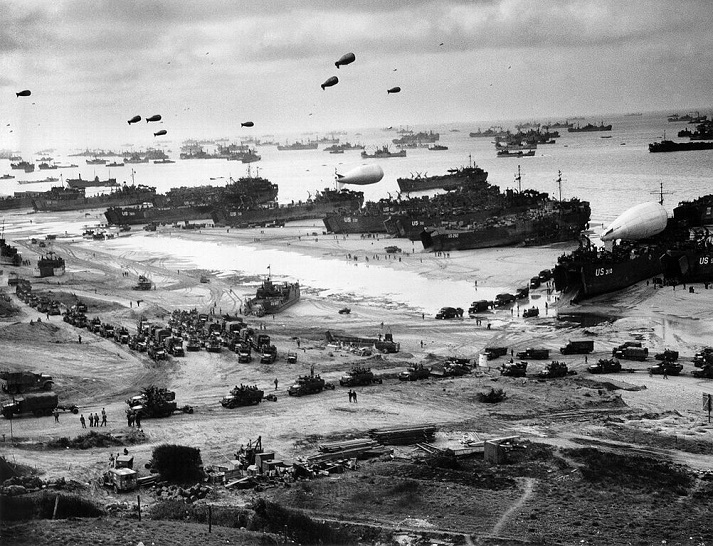 Landing ships putting cargo ashore on Omaha Beach