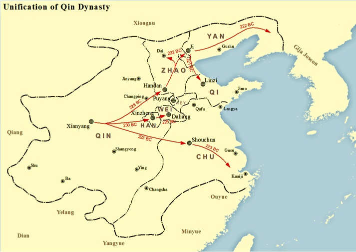 map showing unification of Qin Dynasty