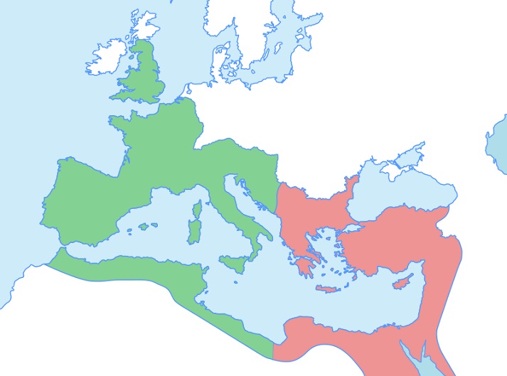 map of Western (green) and Eastern (red) Roman empires after 395 AD