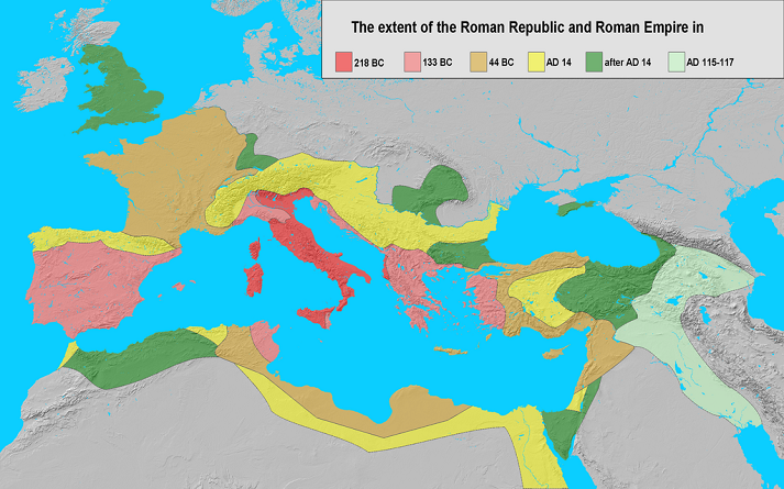 map of the Roman Empire between 218 BC and 117 AD