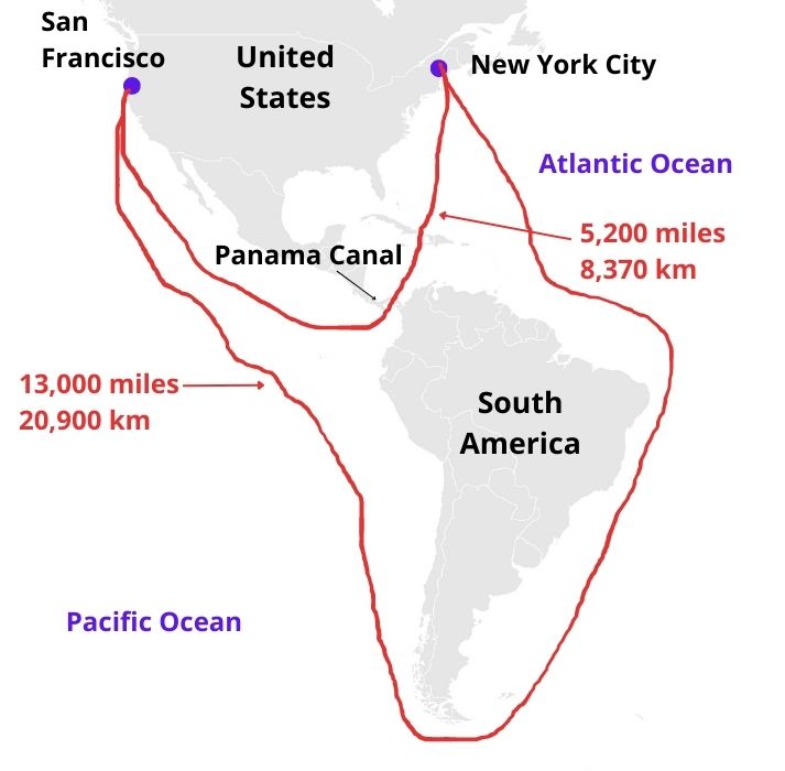 map showing the Route around South America compared to the route through the Panama Canal