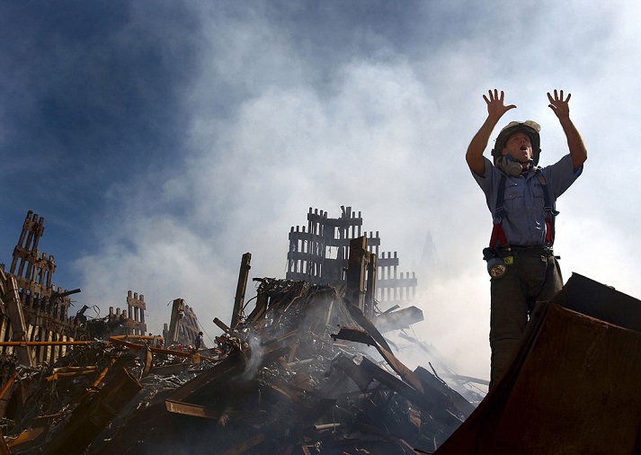 A New York City fireman calls for 10 more rescue workers to make their way into the rubble of the World Trade Center