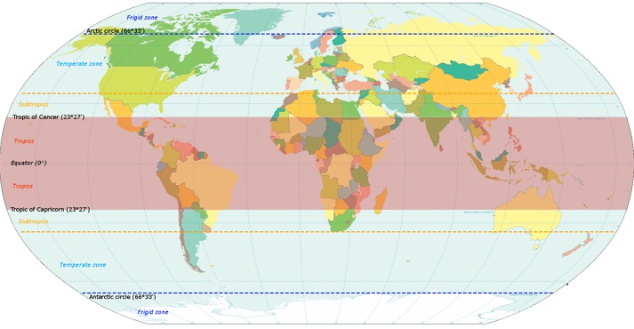 world map indicating tropics and subtropics