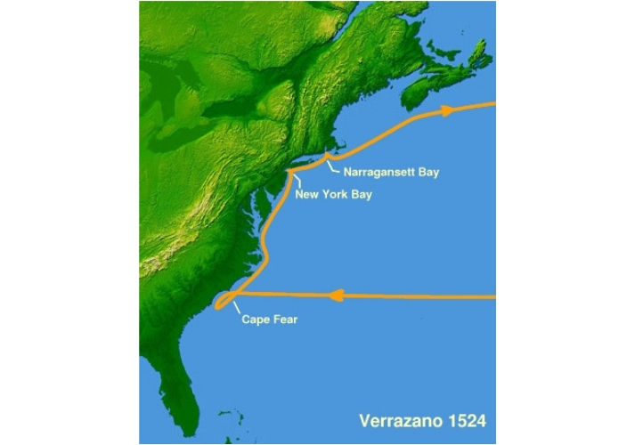 Approximate route of the voyage of Giovanni da Verrazano in North America in 1524.