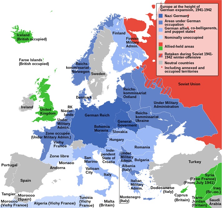 map of Europe at the height of Axis success in 1942