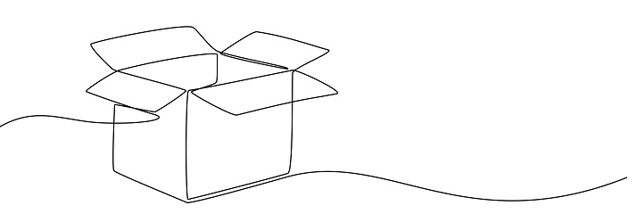 Continuous one-line drawing of a cardboard box.