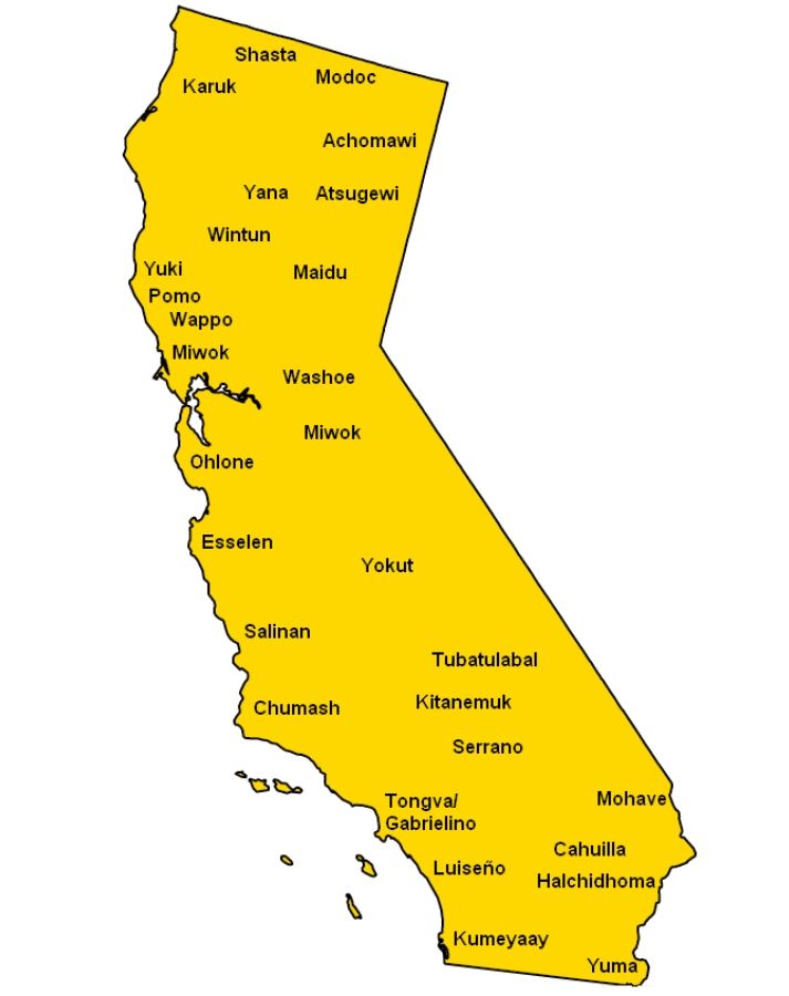 map locating the main tribes native to California before Europeans' arrival