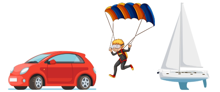 car, parachute, and sailboat