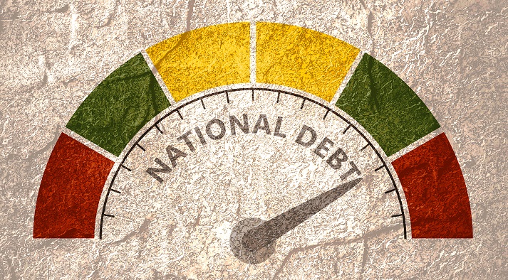 an abstract meter reading of a high level of national debt on a scale