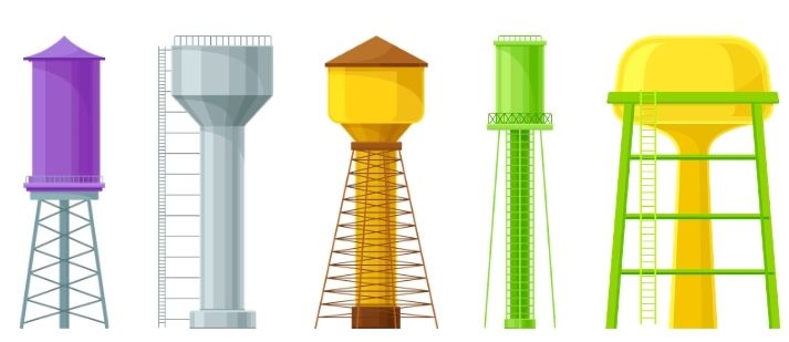 different-shaped water towers