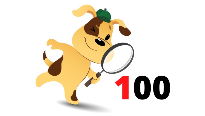 a cartoon dog looking at the number 100 through a magnifying glass