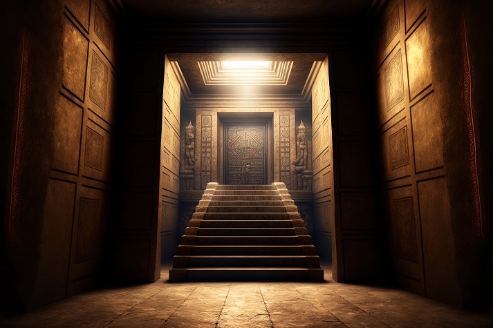 A hidden chamber with hieroglyphics on the walls inside an Egyptian pyramid is the King Tut tomb