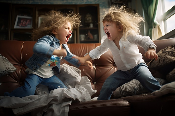 Two siblings fighting at home, screaming at each other.