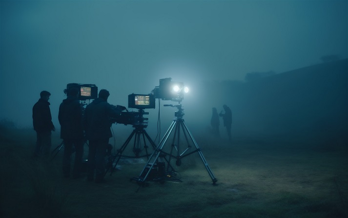 film shooting scene outdoors in a dark foggy field