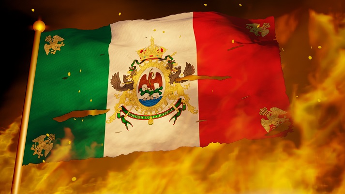Historical flag of the Second Mexican Empire (1864-1867) burning in war, crisis, forest fire, collapse