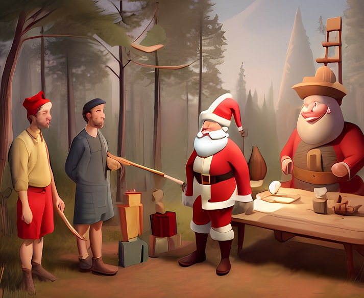 Santa, Paul Bunyan, and Johnny Appleseed hanging out as friends