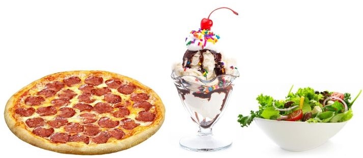 pizza, ice cream, and salad