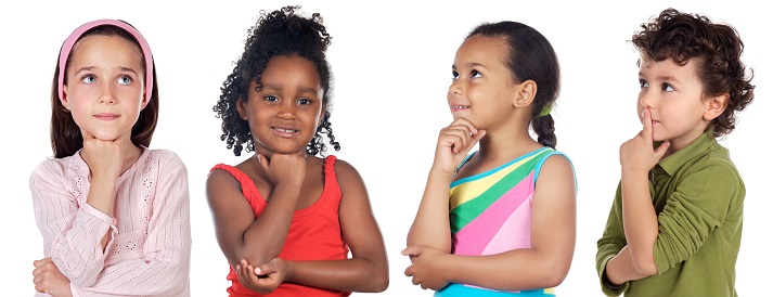 multi-ethnic group of children thinking a over white background