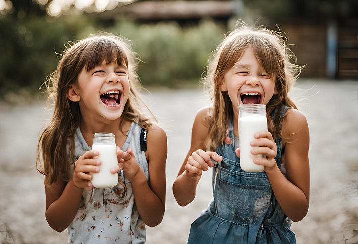 two girls laughing while drinking milk