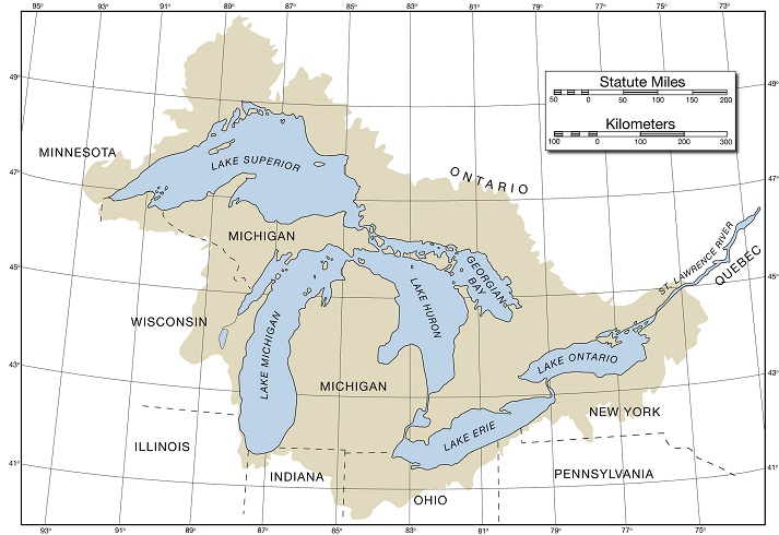 Map of the Great Lakes with latitude, longitude and basin outline