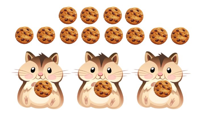 hamsters with 3 cookies and 12 cookies for snack