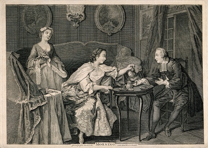 A fashionable gentleman taking morning tea with a lady in her boudoir: a maidservant stands in the background.