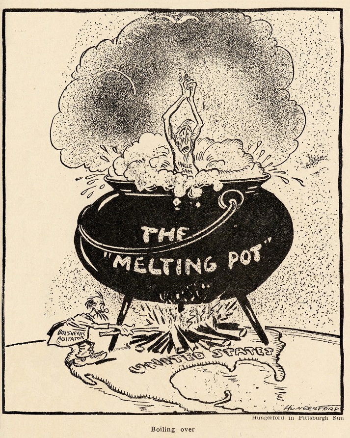 Uncle Sam boiling in a pot over a fire stoked by a Bolshevik