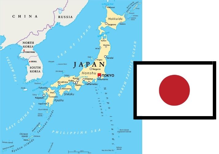 map of Japan and its flag