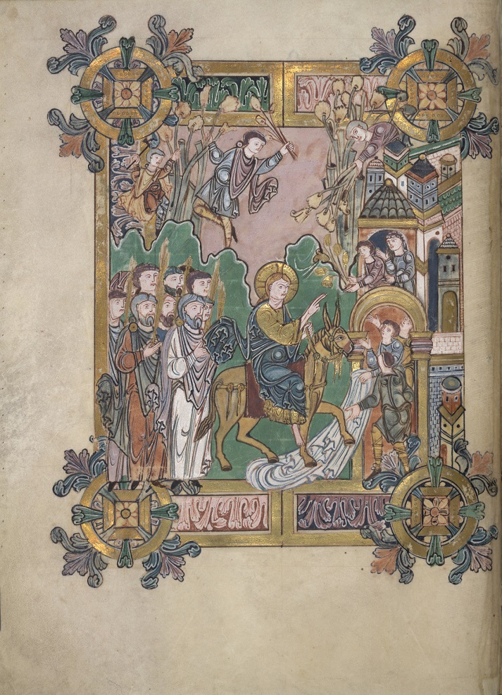 Christ is astride a donkey, and followed by a group of people with golden palm branches. Two youths at the city gate spread mantles under the donkey's feet, and above them other figures lean out from the city walls or are up a tree throwing flowers.