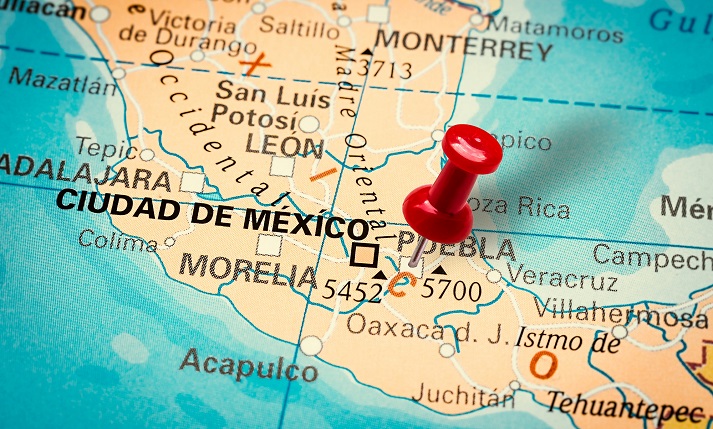 Pushpin pointing at Puebla city in Mexico