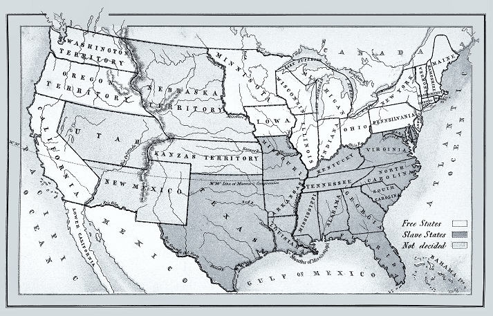 map of free, enslaved, and undecided states 1857