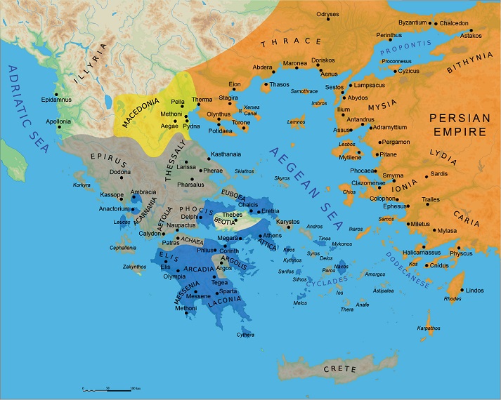 map showing the Greek world ca. 500–479 BC