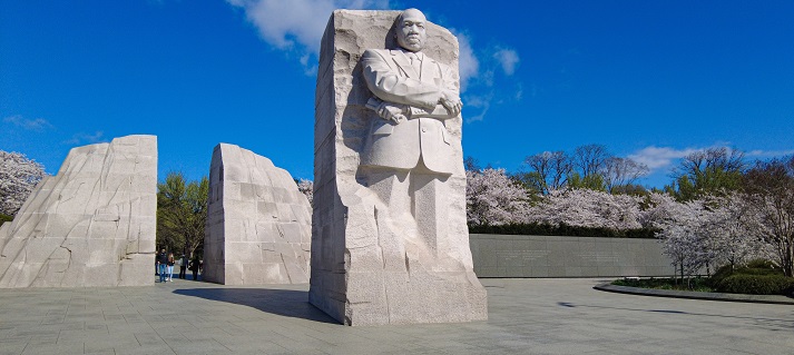Washington DC USA April 4 2021 Martin Luther King Jr Memorial on blue sky background during the spring season in Washington DC