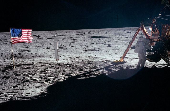 Neil Armstrong and the American flag on the moon in July 1969