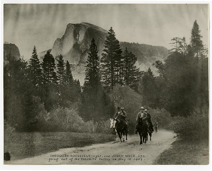 John Muir and Theodore Roosevelt on horseback, Yosemite Valley
