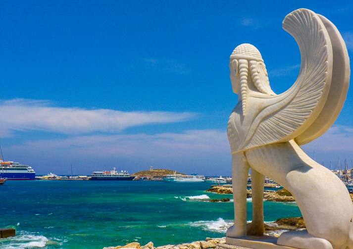 sphinx statue guarding Naxos Island, Greece