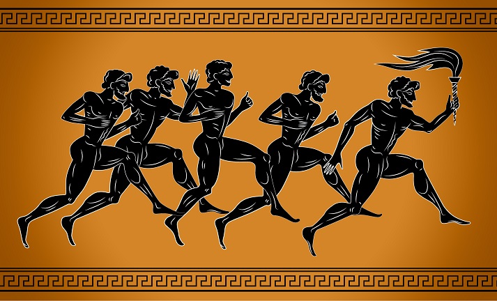 Black-figured runners with the torch. Illustration in the ancient Greek style.