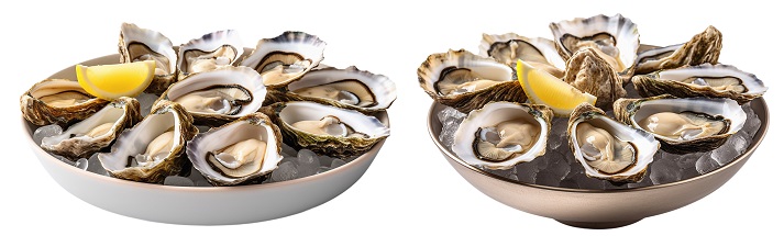 Two different bowls with fresh open oysters on ice and a slice of lemon 
