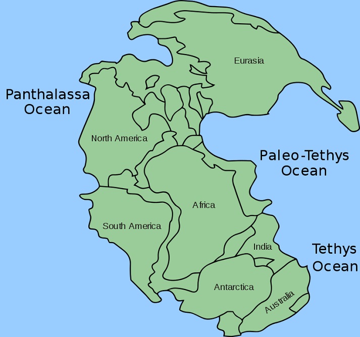 Pangea map, with names of the continents and the oceans surrounding it