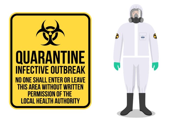 quarantine sign and hazmat suit