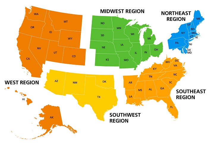 map of the 5 regions in America