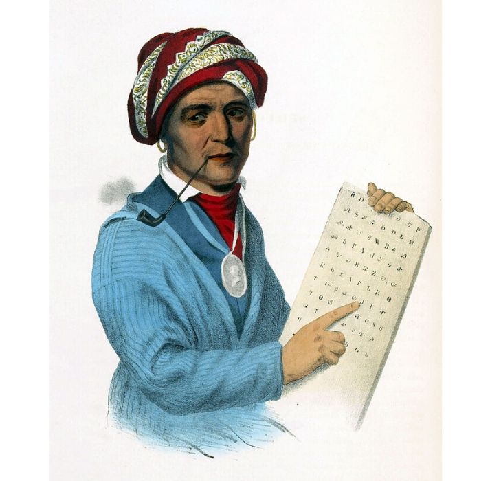 Sequoyah with a tablet depicting his writing system for the Cherokee language