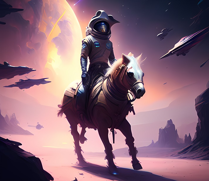 western cowboy, riding a horse, on a spaceship, in outer space