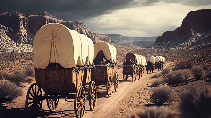 covered wagon train moving west